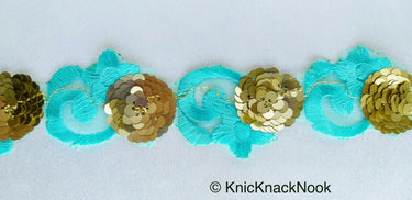 Blue Lace Trim, Tissue Fabric Cutwork With Floral Embroidery & Gold Sequins, Indian Embroidery